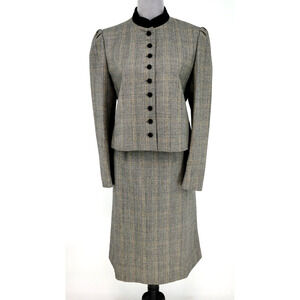 Saks Fifth Ave Skirt Suit Womens 12 Wool Black White Glen Plaid Lined Vintage
